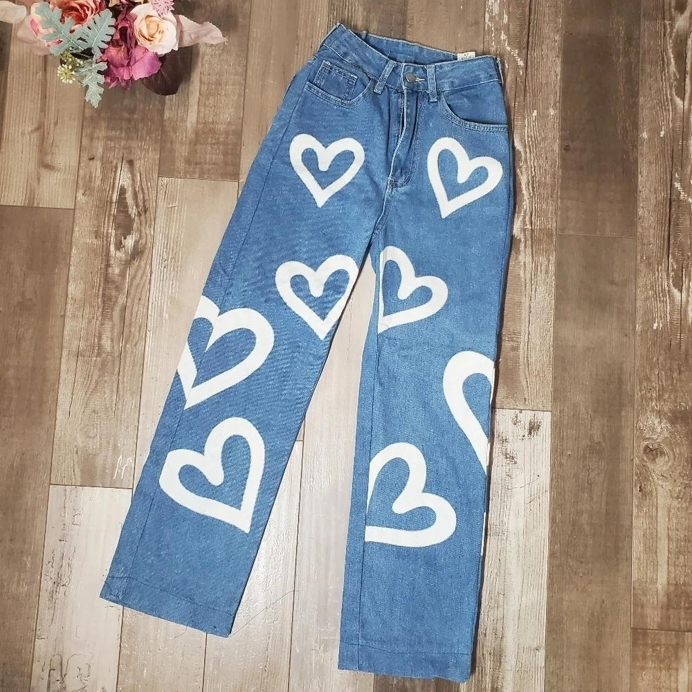 White Heart Graphic Light Wash High-Rise Blue Jeans Girls Size XS EUC